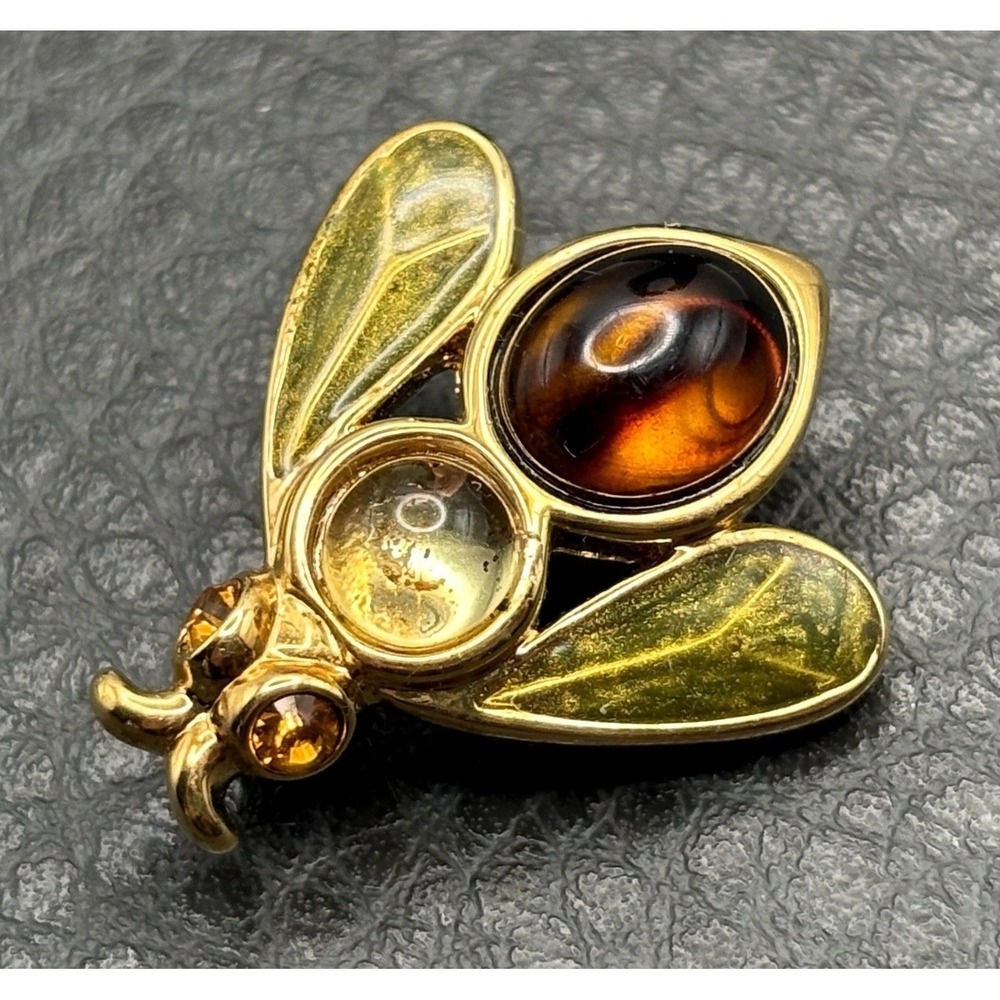 Vintage Monet 80s 90s Gold Tone Bee Brooch Faux Amber Crystal Cabochon Stones